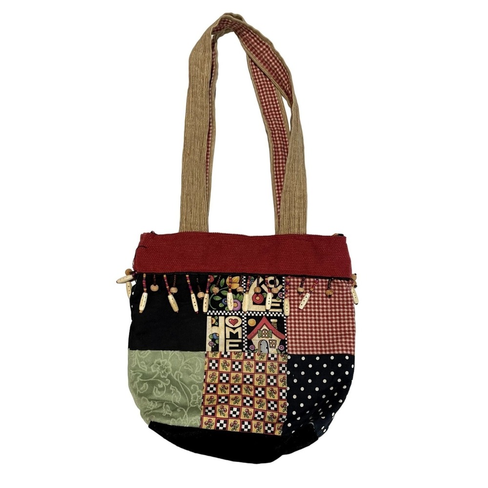 Vintage Patchwork Boho Tote Bag Cottagecore Beaded Corduroy Multi Color i1